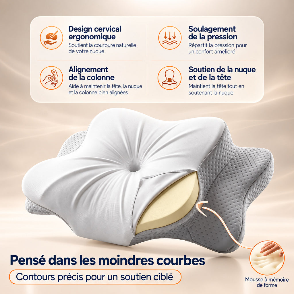 Oreiller Cervical Ergonomique – Mousse à Mémoire de Forme – Soutien de la Nuque – 63 × 38 × 14 cm