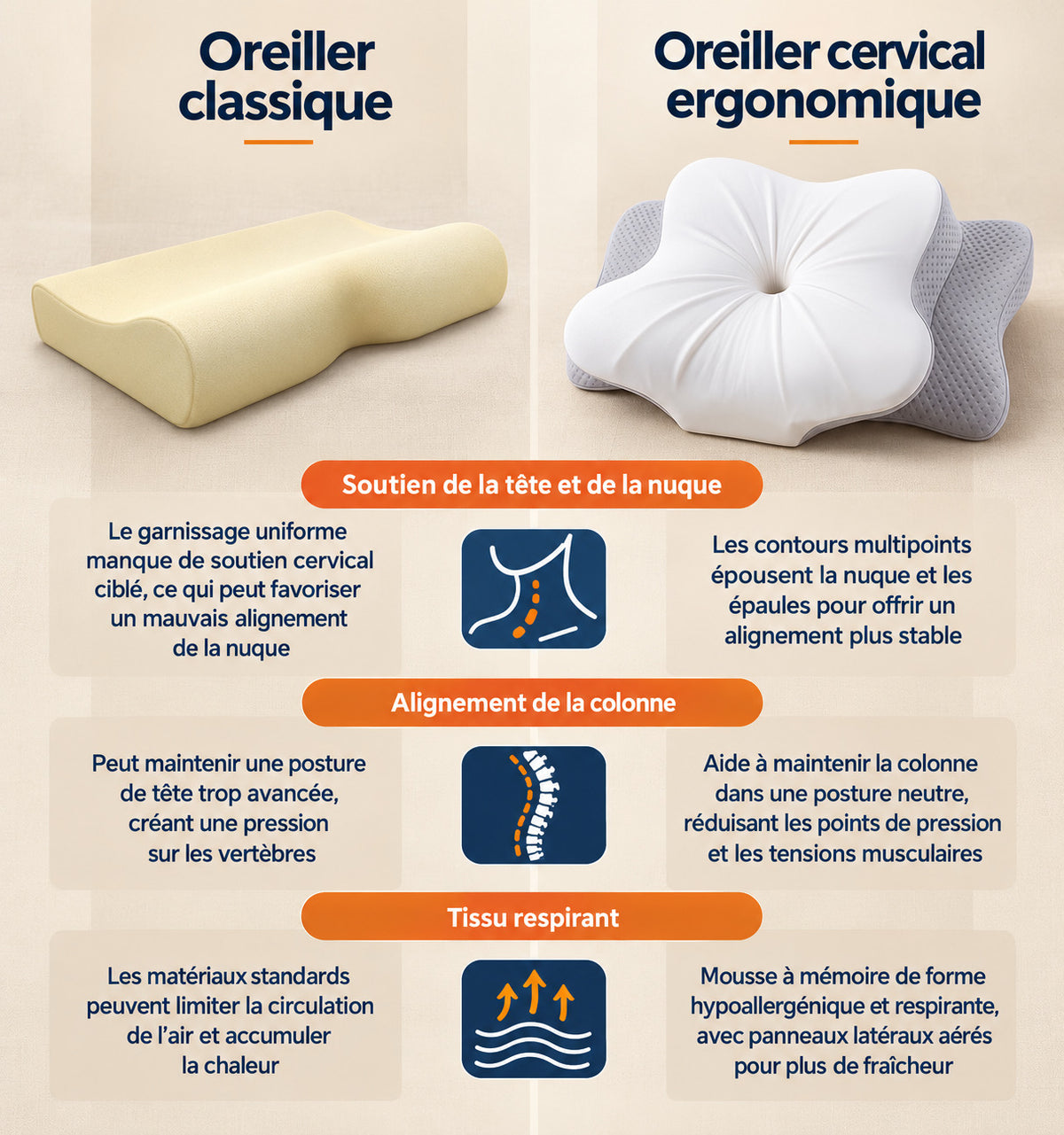Oreiller Cervical Ergonomique – Mousse à Mémoire de Forme – Soutien de la Nuque – 63 × 38 × 14 cm